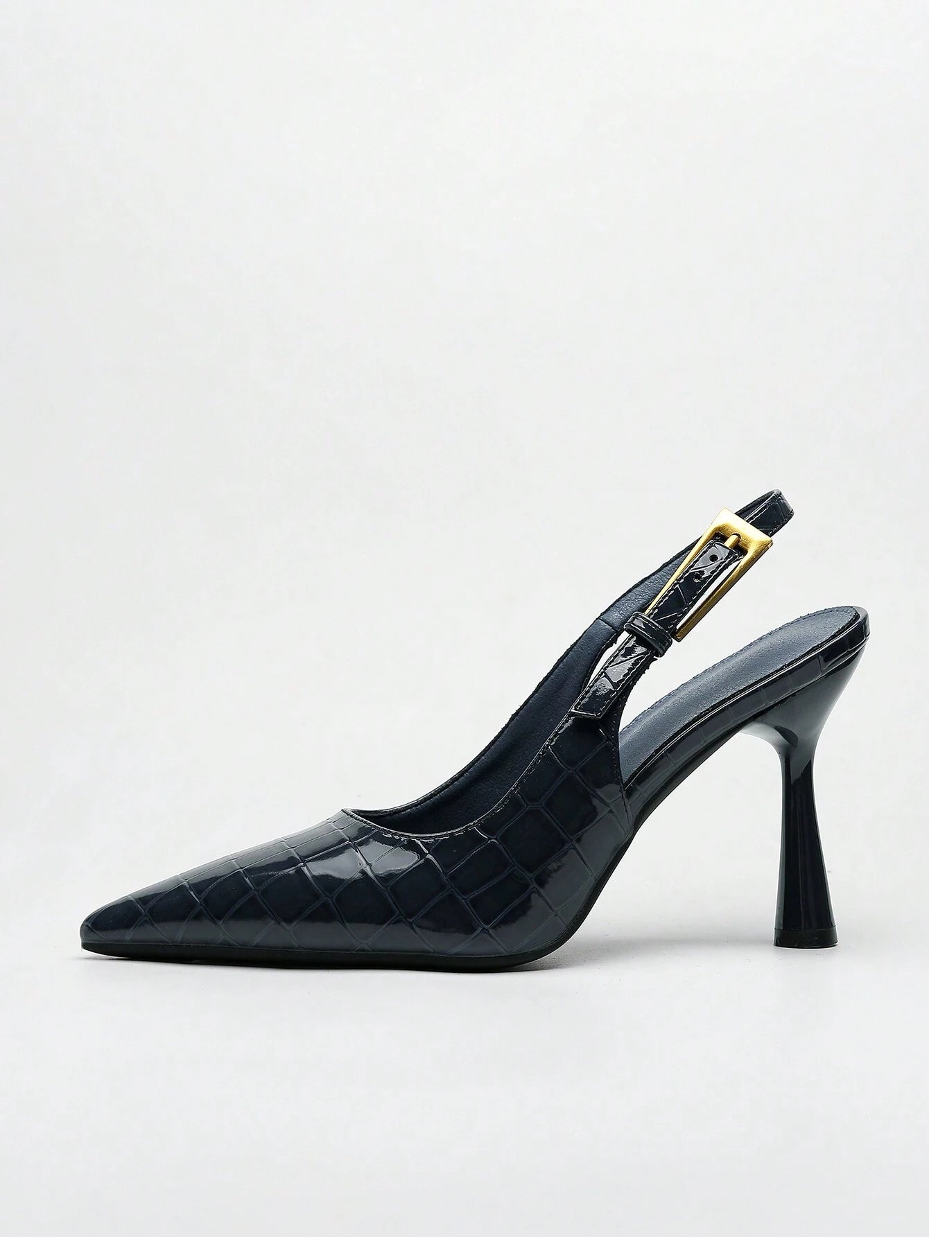 Women's Pointed Toe Fashion Button Detail Patent Leather Slip-On Heeled Pumps shein