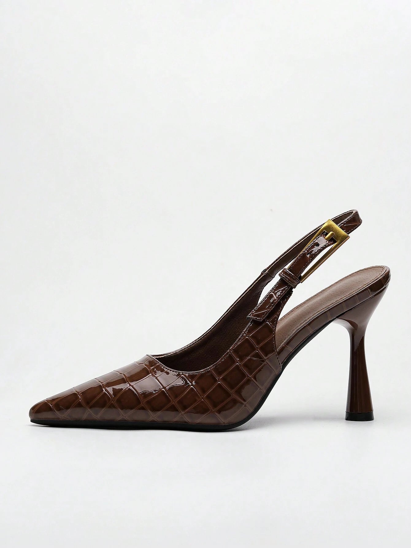 Women's Pointed Toe Fashion Button Detail Patent Leather Slip-On Heeled Pumps shein
