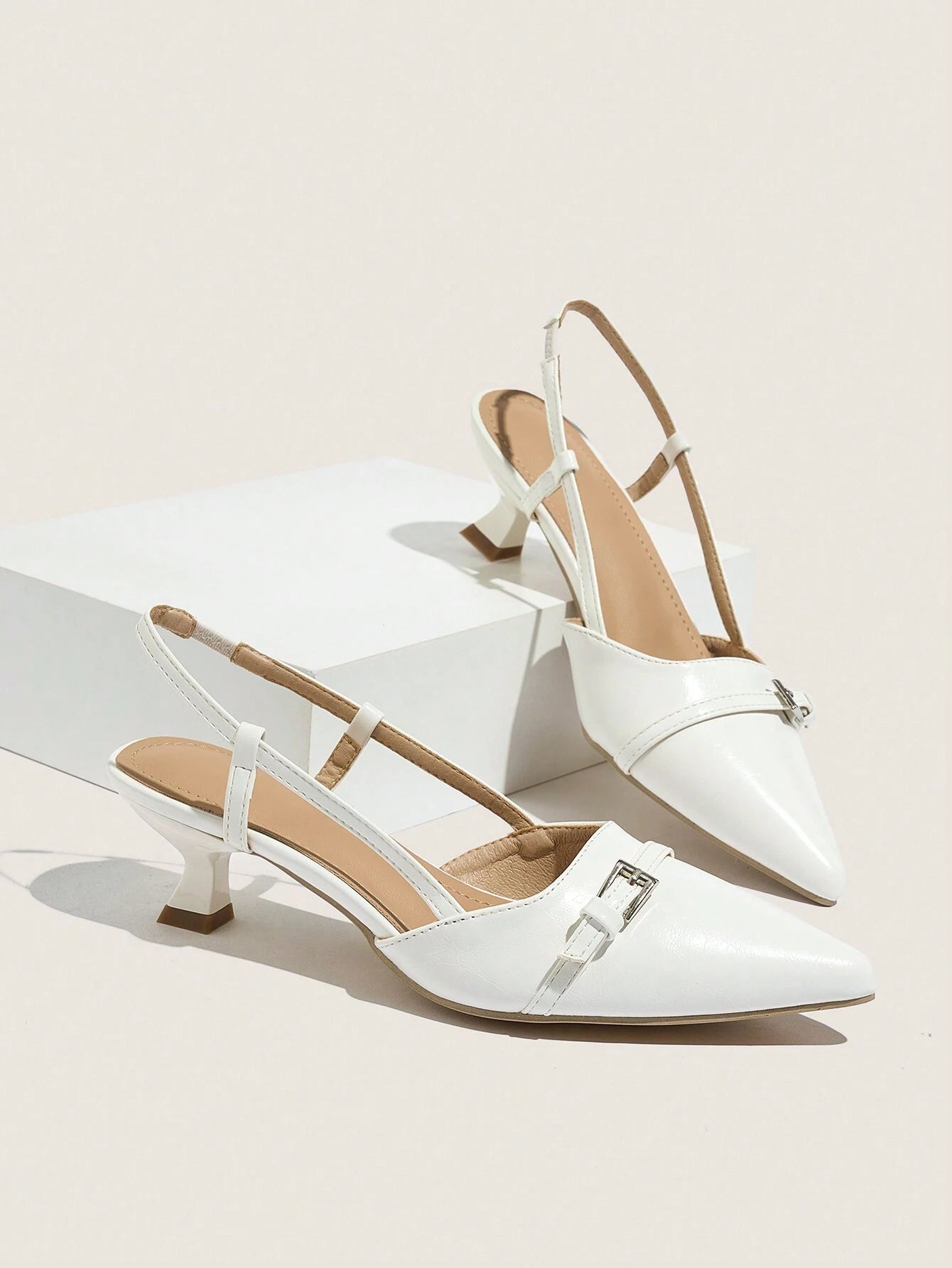 Patent Leather Pointed Toe Women's High Heel Shoes, Open Back With Buckle Strap Shein