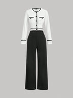 MOD Women's Round Neck Contrast Trim Long Sleeve Top And Straight Leg Casual Pants Suit shein