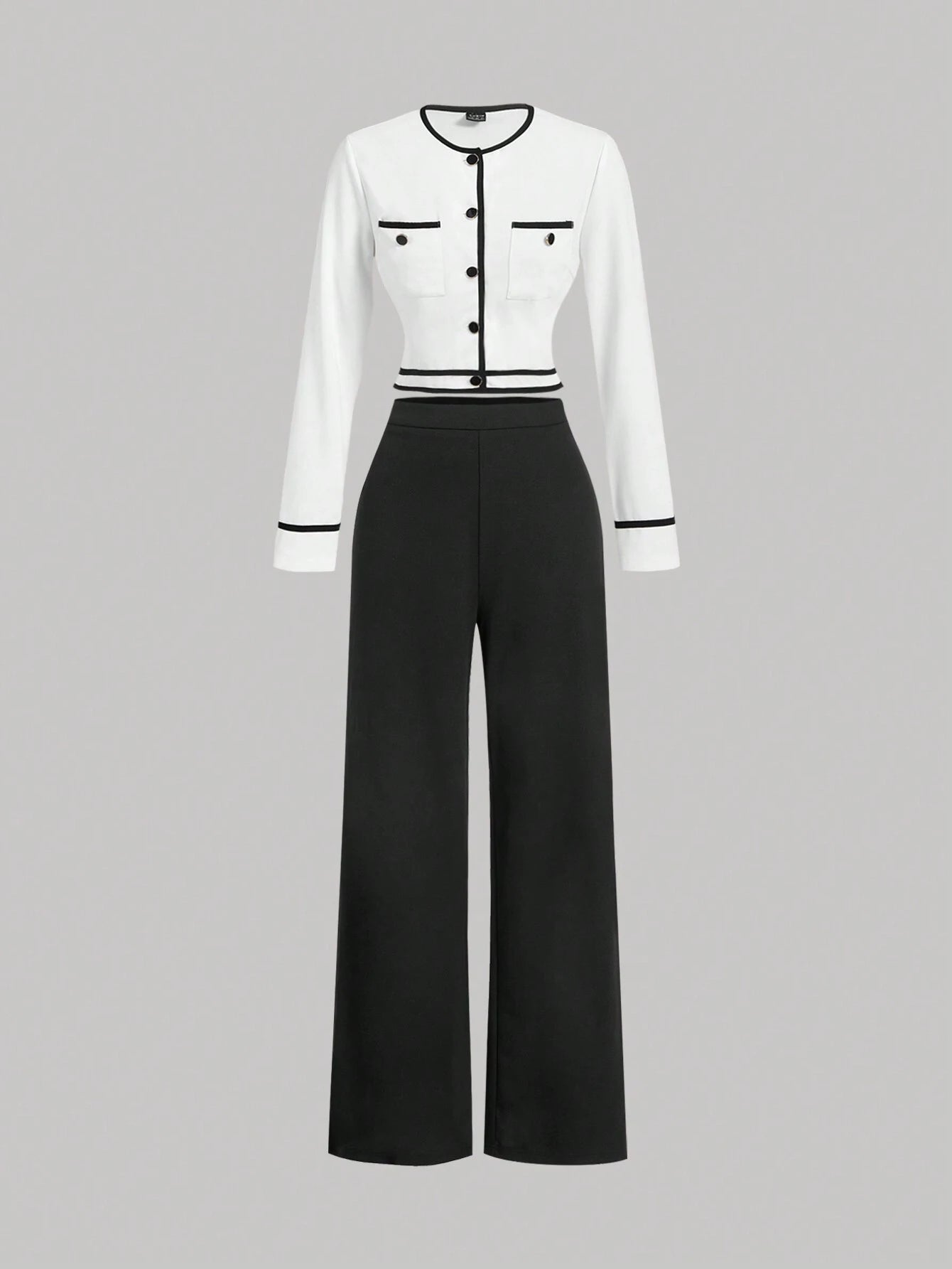 MOD Women's Round Neck Contrast Trim Long Sleeve Top And Straight Leg Casual Pants Suit shein