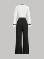 MOD Women's Round Neck Contrast Trim Long Sleeve Top And Straight Leg Casual Pants Suit shein