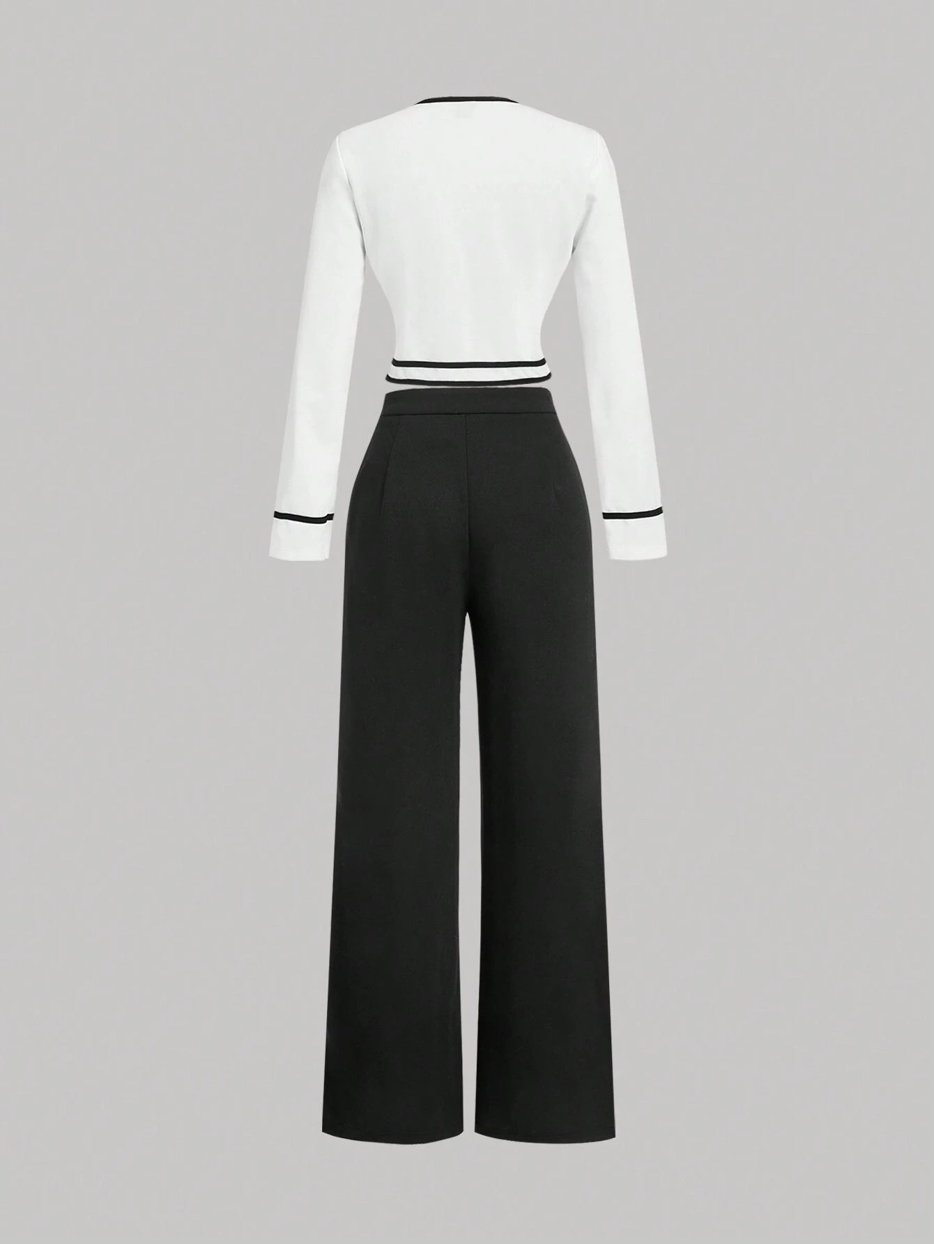 MOD Women's Round Neck Contrast Trim Long Sleeve Top And Straight Leg Casual Pants Suit shein