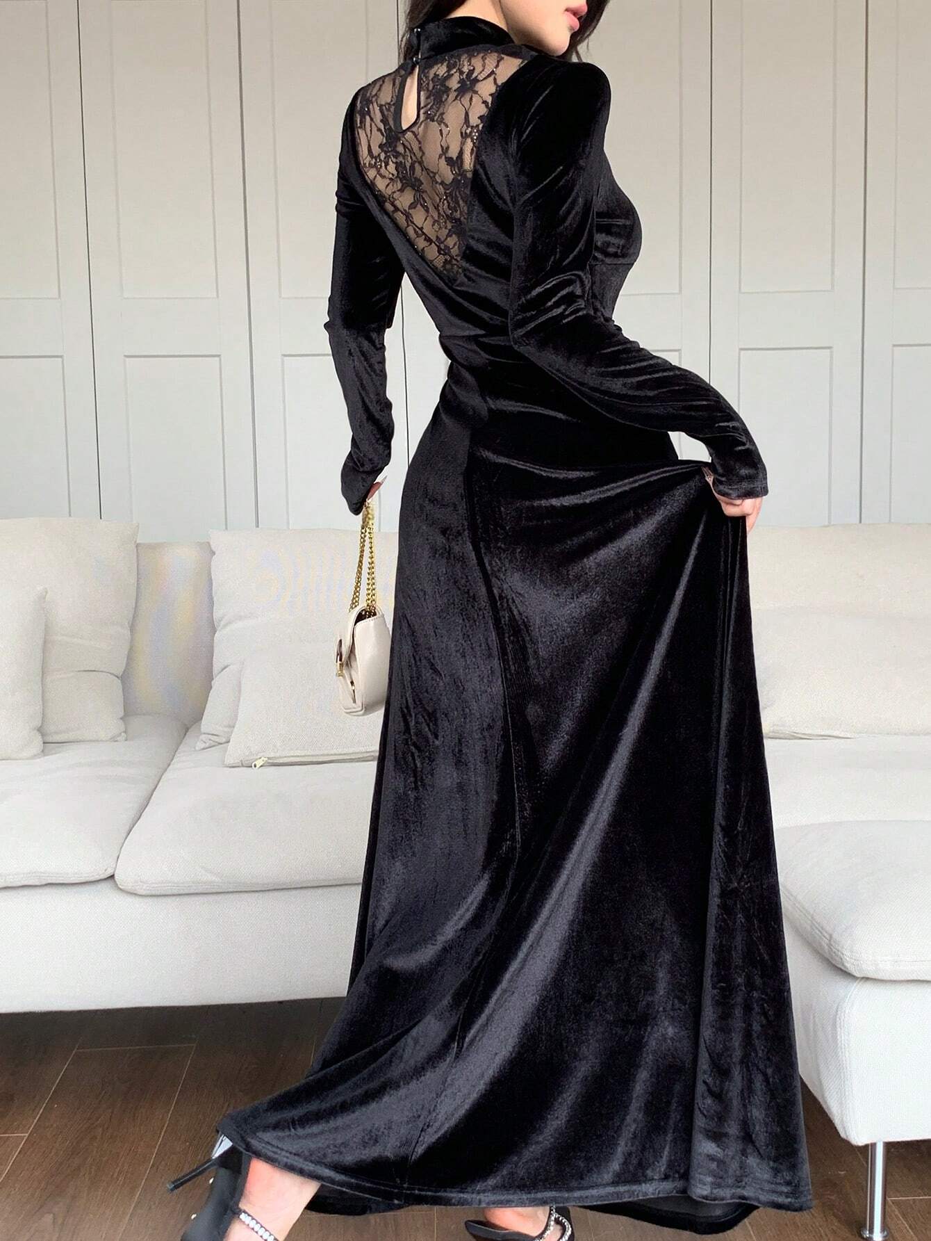Modely Women's Stand Collar Long Sleeve Contrast Lace Ruffle Dress shein