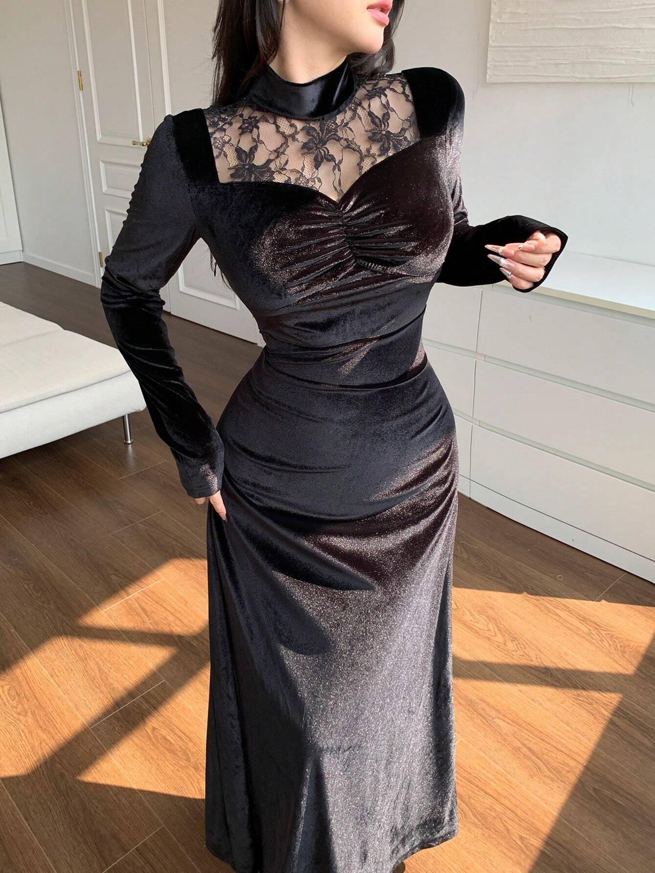 Modely Women's Stand Collar Long Sleeve Contrast Lace Ruffle Dress shein