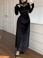 Modely Women's Stand Collar Long Sleeve Contrast Lace Ruffle Dress shein