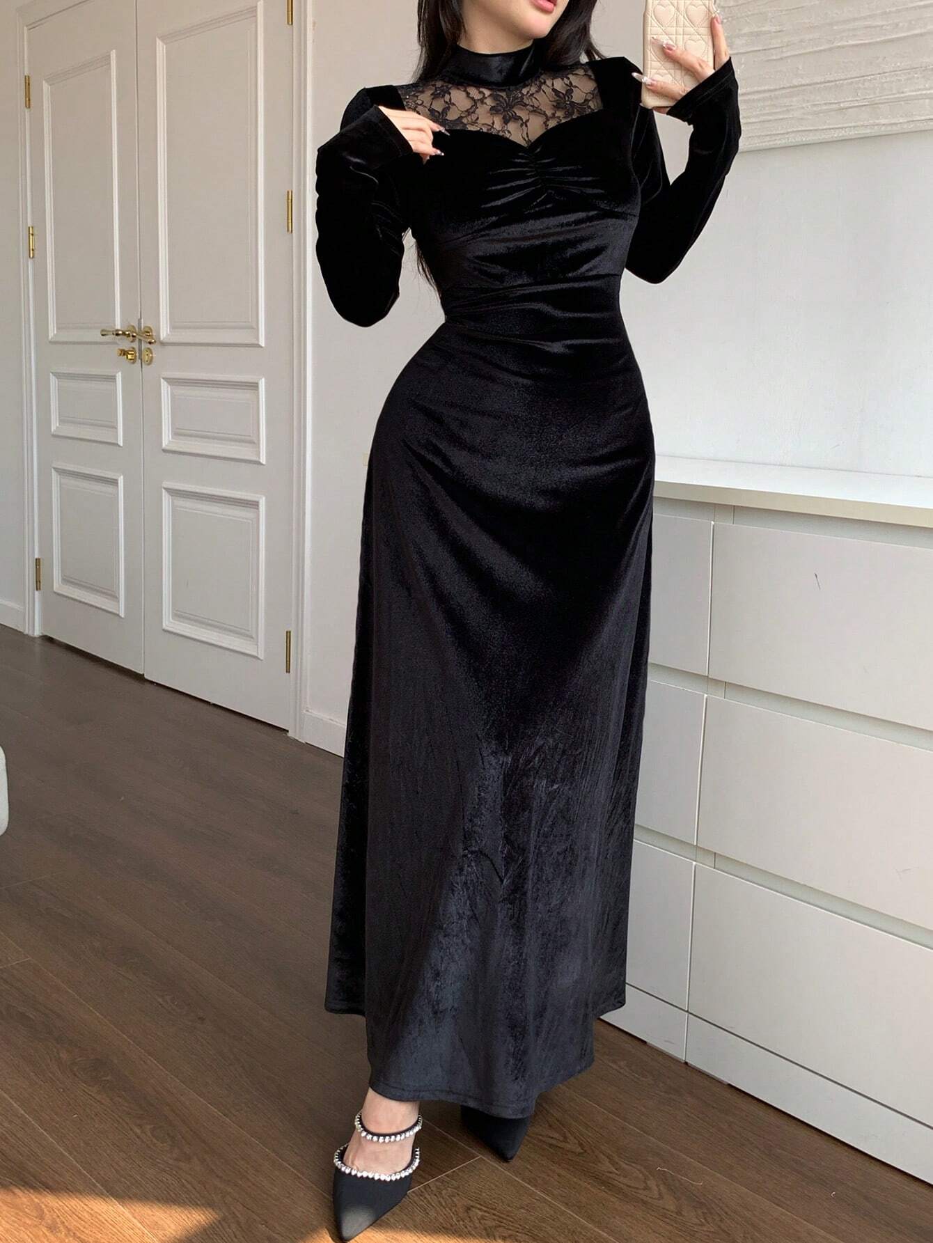 Modely Women's Stand Collar Long Sleeve Contrast Lace Ruffle Dress shein