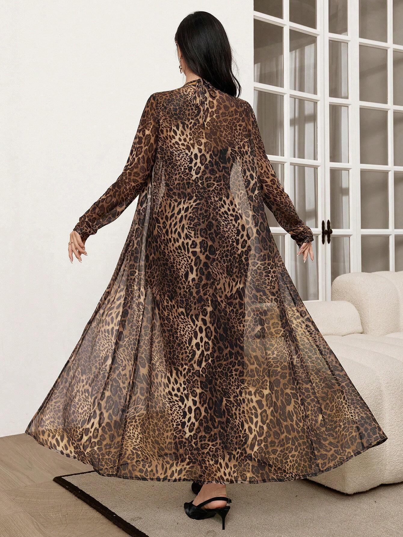 Modely 2pcs/Set Leopard Print Mesh Sleeveless Dress And Cardigan Shawl shein