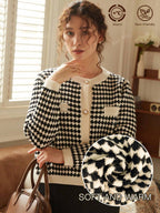 Knit Mix Women's French Commuting Knitted Diamond Pattern Round Neck Long Sleeve Pearl Button Regular Loose Open Cardigan shein