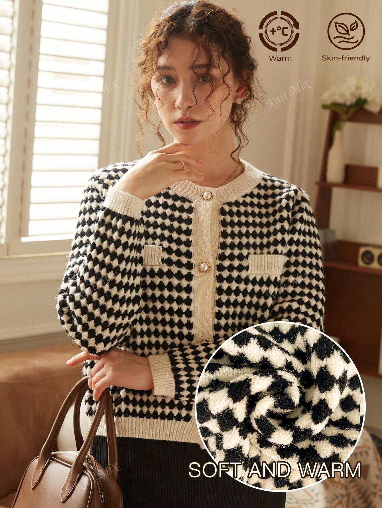 Knit Mix Women's French Commuting Knitted Diamond Pattern Round Neck Long Sleeve Pearl Button Regular Loose Open Cardigan