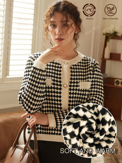 Knit Mix Women's French Commuting Knitted Diamond Pattern Round Neck Long Sleeve Pearl Button Regular Loose Open Cardigan shein