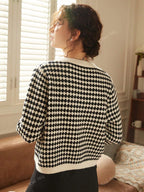 Knit Mix Women's French Commuting Knitted Diamond Pattern Round Neck Long Sleeve Pearl Button Regular Loose Open Cardigan shein
