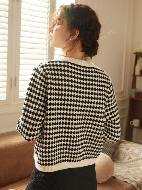 Knit Mix Women's French Commuting Knitted Diamond Pattern Round Neck Long Sleeve Pearl Button Regular Loose Open Cardigan shein