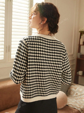 Knit Mix Women's French Commuting Knitted Diamond Pattern Round Neck Long Sleeve Pearl Button Regular Loose Open Cardigan