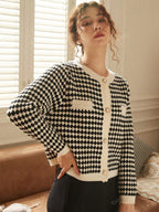 Knit Mix Women's French Commuting Knitted Diamond Pattern Round Neck Long Sleeve Pearl Button Regular Loose Open Cardigan shein