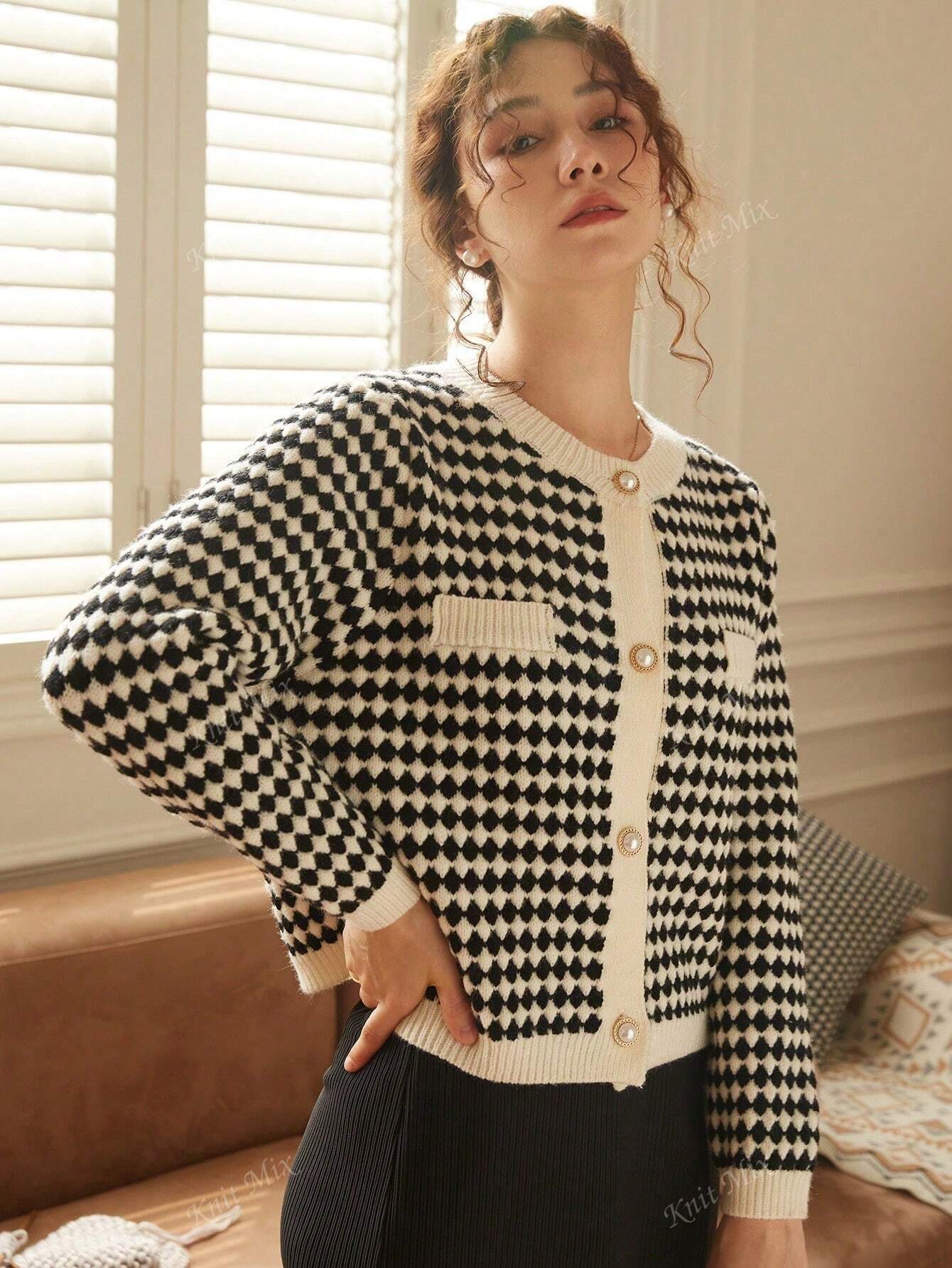 Knit Mix Women's French Commuting Knitted Diamond Pattern Round Neck Long Sleeve Pearl Button Regular Loose Open Cardigan