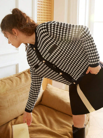 Knit Mix Women's French Commuting Knitted Diamond Pattern Round Neck Long Sleeve Pearl Button Regular Loose Open Cardigan