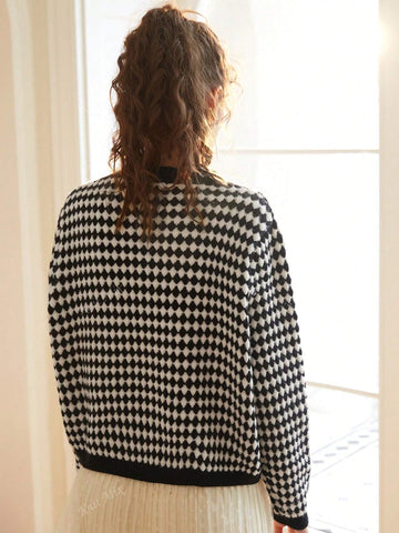 Knit Mix Women's French Commuting Knitted Diamond Pattern Round Neck Long Sleeve Pearl Button Regular Loose Open Cardigan