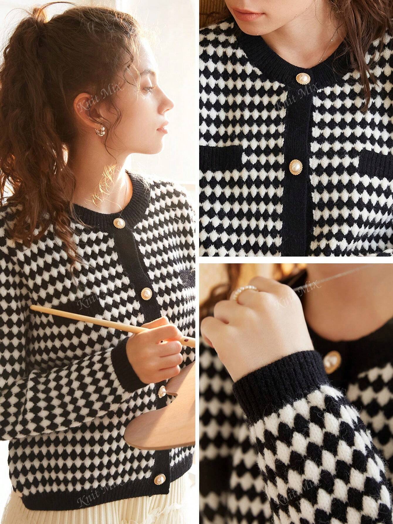 Knit Mix Women's French Commuting Knitted Diamond Pattern Round Neck Long Sleeve Pearl Button Regular Loose Open Cardigan shein