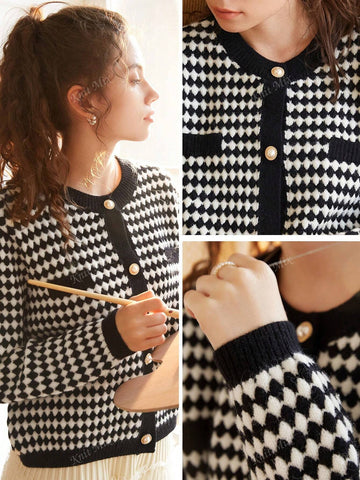 Knit Mix Women's French Commuting Knitted Diamond Pattern Round Neck Long Sleeve Pearl Button Regular Loose Open Cardigan