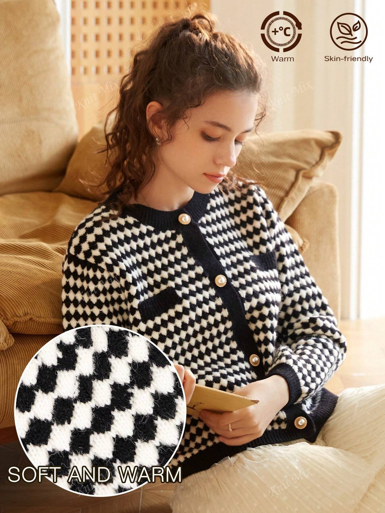 Knit Mix Women's French Commuting Knitted Diamond Pattern Round Neck Long Sleeve Pearl Button Regular Loose Open Cardigan