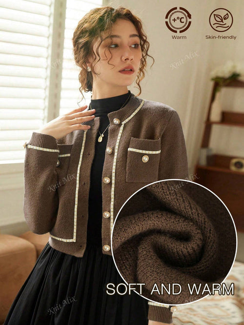 Knit Mix Regular Fit Color Block Round Neck Long Sleeve Cardigan With Floral Patterns shein