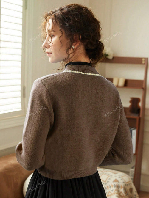 Knit Mix Regular Fit Color Block Round Neck Long Sleeve Cardigan With Floral Patterns shein