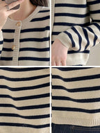 Women's Fashionable Casual Round Neck Colorblock Stripe Cardigan shein