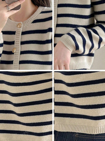 Women's Fashionable Casual Round Neck Colorblock Stripe Cardigan