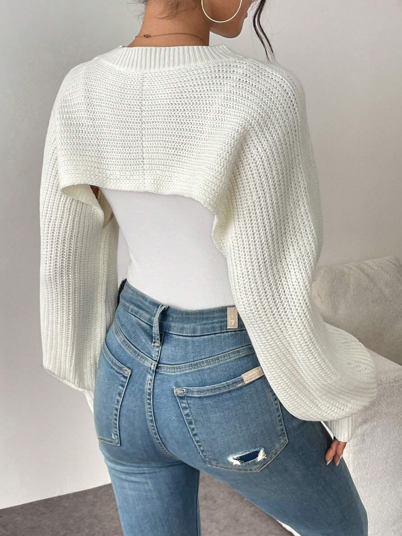 Asymmetric Hem Solid Color Ribbed Knit Pullover Sweater shein