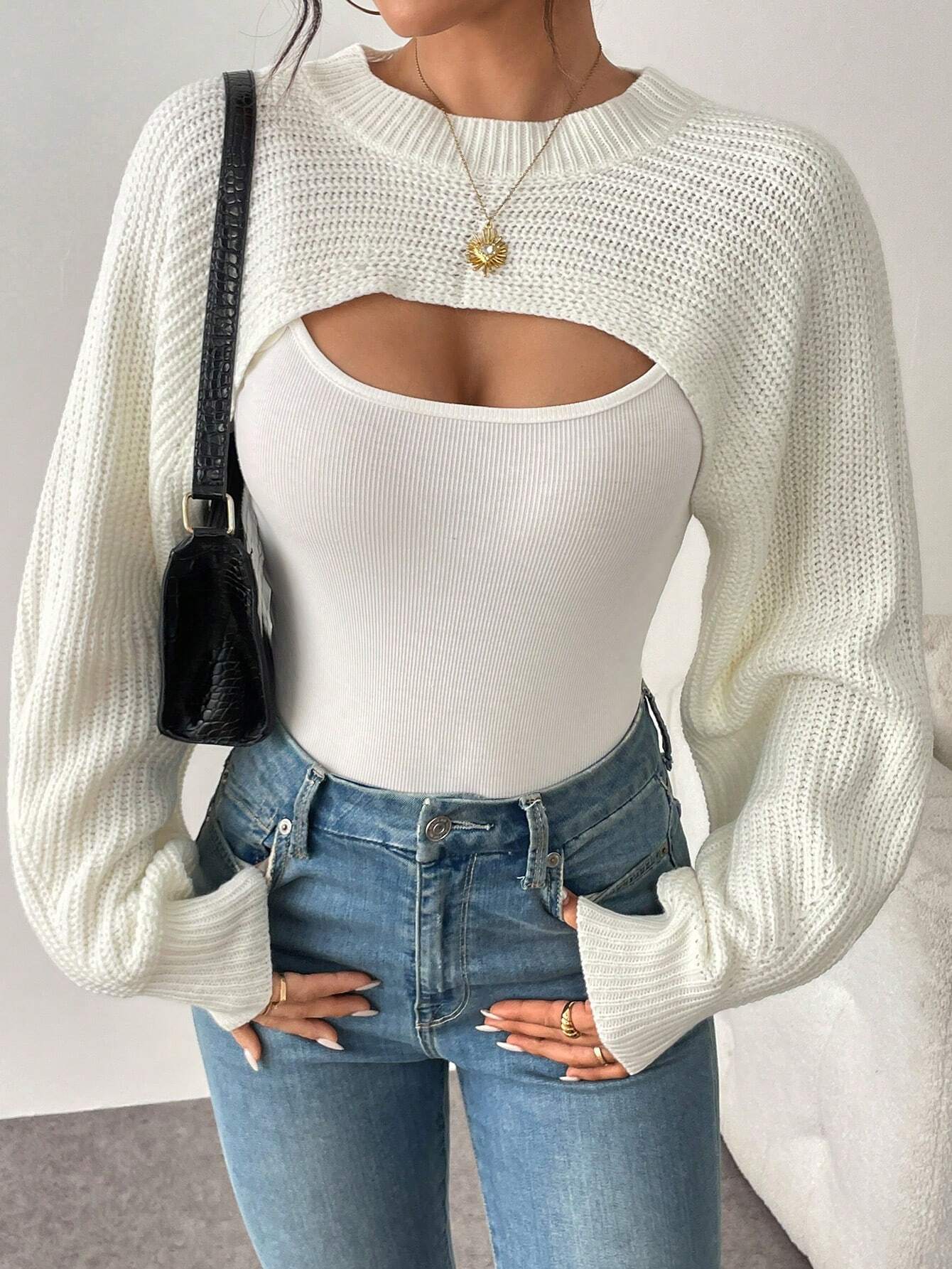 Asymmetric Hem Solid Color Ribbed Knit Pullover Sweater shein