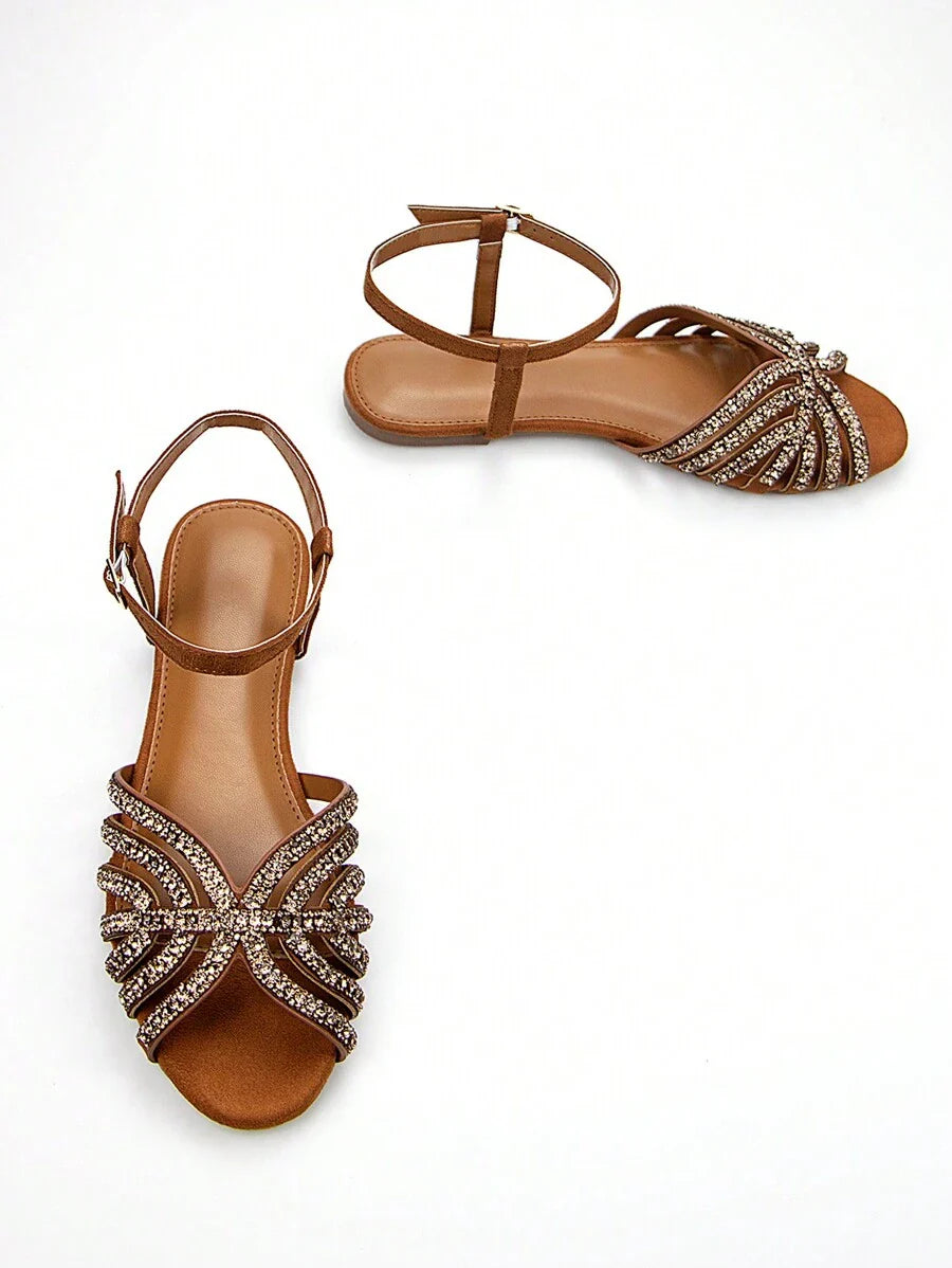 Women Glitter Rhinestone Hollow-Out Decor Suede Fashionable Peep Toe Ankle Strap Flats shein