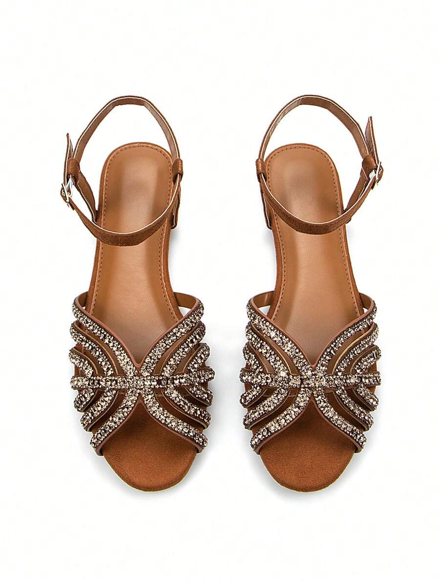 Women Glitter Rhinestone Hollow-Out Decor Suede Fashionable Peep Toe Ankle Strap Flats shein
