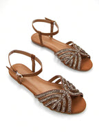 Women Glitter Rhinestone Hollow-Out Decor Suede Fashionable Peep Toe Ankle Strap Flats shein