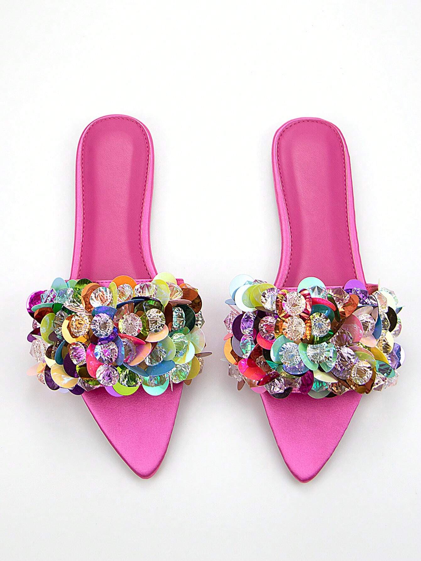 Handmade Beads Embroidery 3D Flower Decor Black Lycra Pointed Toe Flat Mules shein