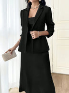 Modely Ladies' Solid Color Simple Daily Wear Suit With Long Sleeve Jacket And Dress shein
