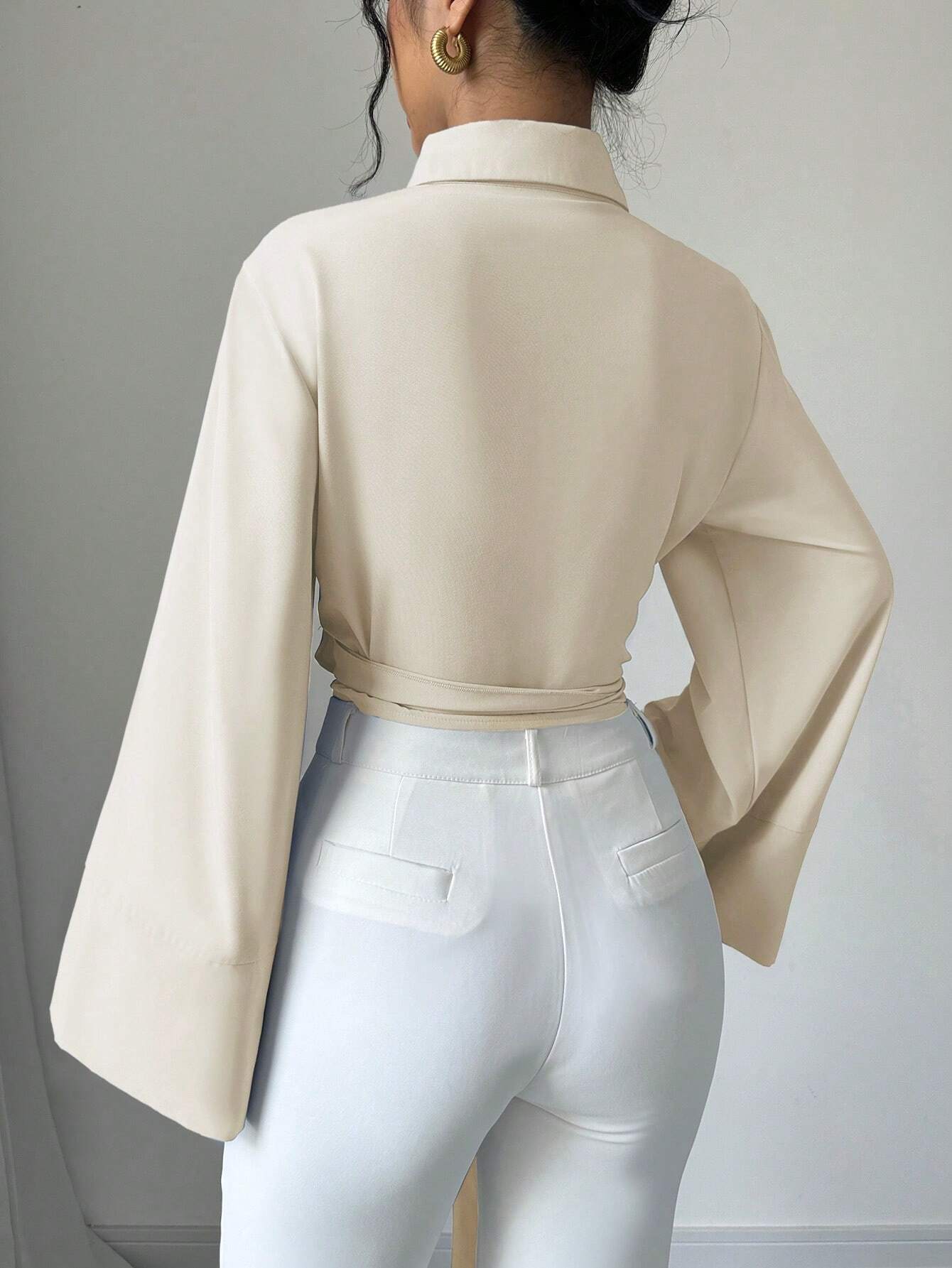 Elenzga Women's Elegant Front Button Knot Long Sleeve Blouse shein