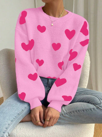 Relaxiva Women Casual Heart Pattern Dropped Shoulder Loose Knit Sweater