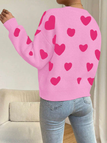 Relaxiva Women Casual Heart Pattern Dropped Shoulder Loose Knit Sweater