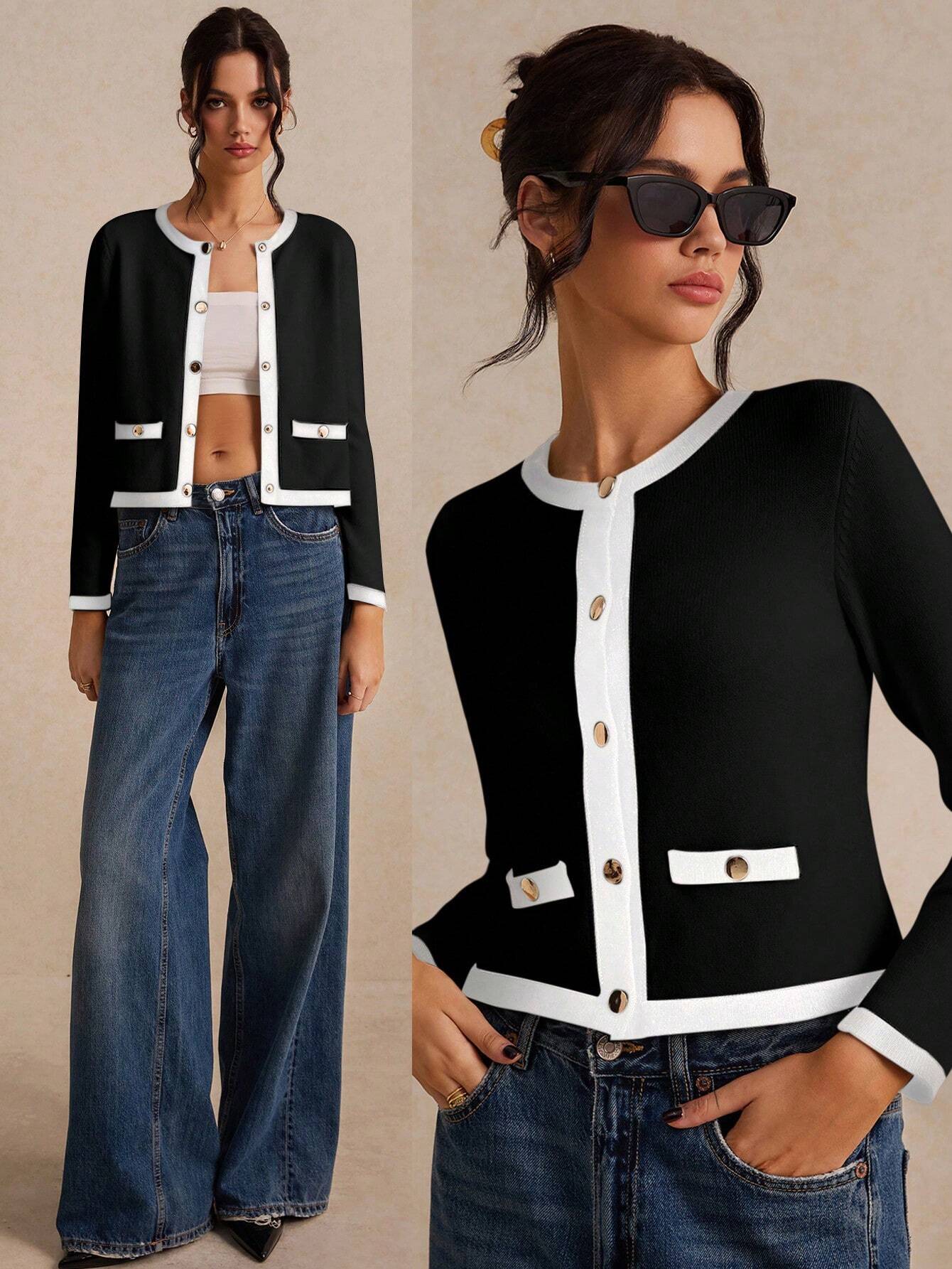 Poéselle Women's Color Collision Long Sleeve Trim Metal Button Front Knit Cardigan