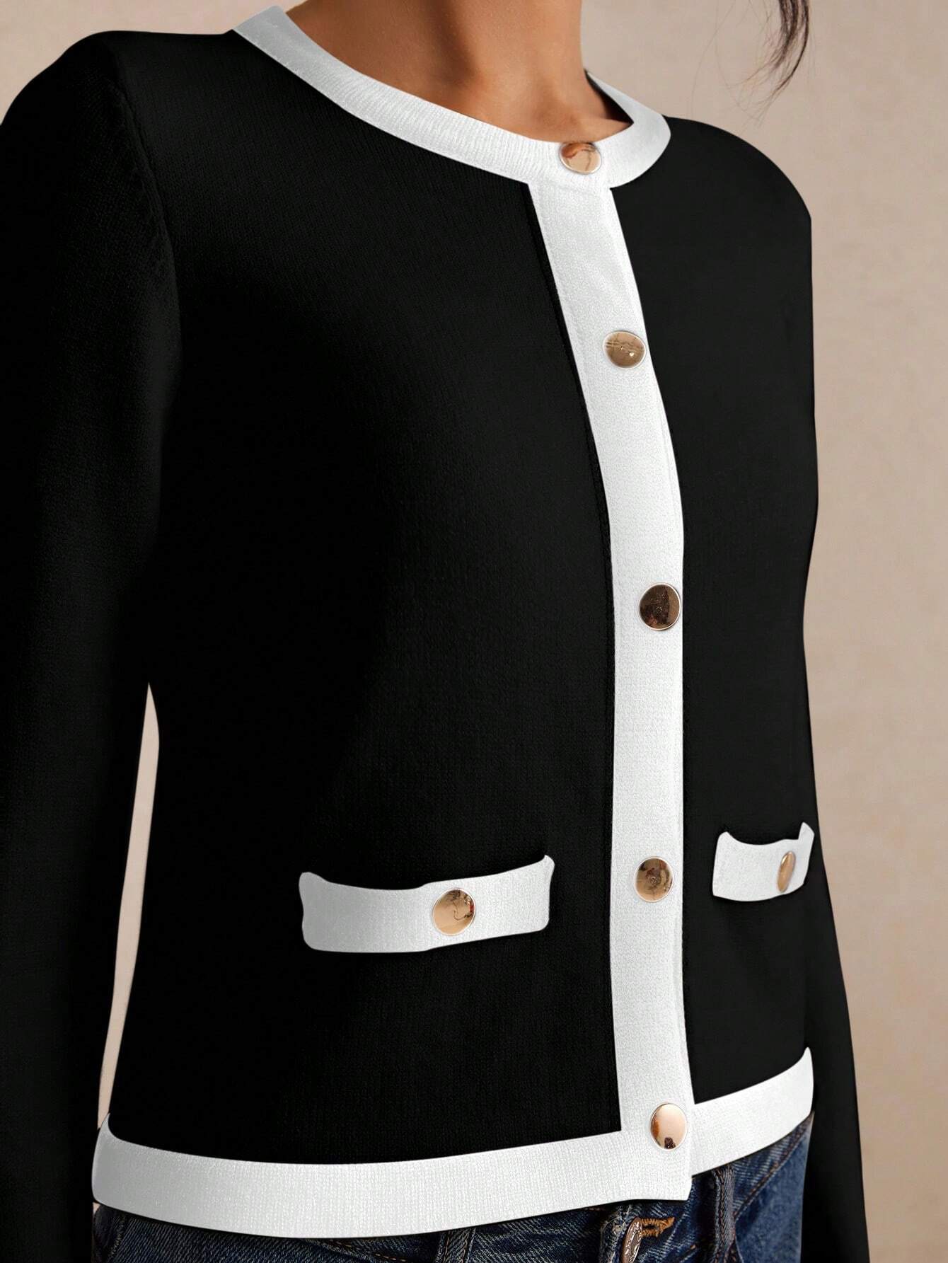Poéselle Women's Color Collision Long Sleeve Trim Metal Button Front Knit Cardigan shein