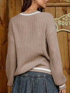 Relaxiva Striped Trim Cable Knit Drop Shoulder Sweater shein