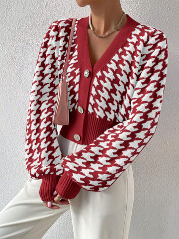 Frenchy Houndstooth Pattern Lantern Sleeve Cardigan