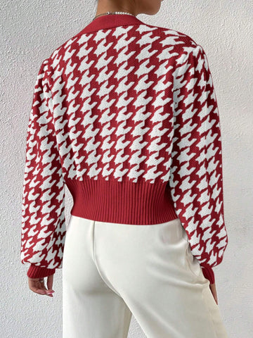 Frenchy Houndstooth Pattern Lantern Sleeve Cardigan