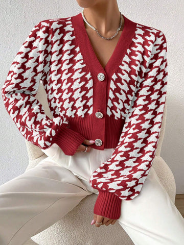 Frenchy Houndstooth Pattern Lantern Sleeve Cardigan