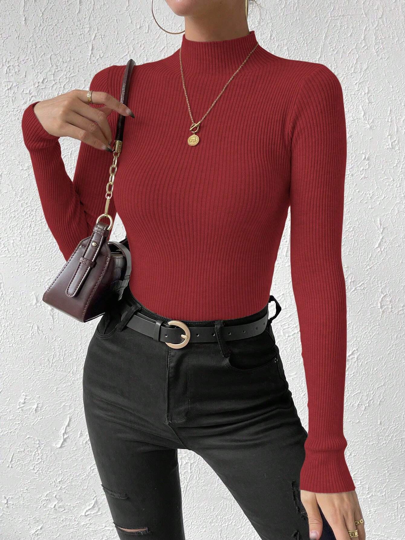 Essnce Mock Neck Ribbed Knit Sweater shein