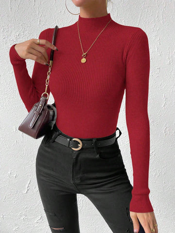 Essnce Mock Neck Ribbed Knit Sweater shein