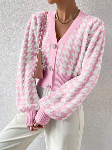 Frenchy Houndstooth Pattern Lantern Sleeve Cardigan