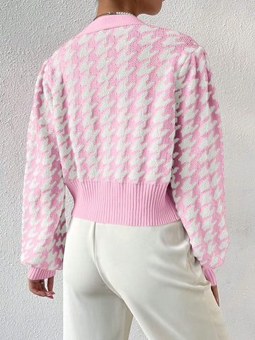 Frenchy Houndstooth Pattern Lantern Sleeve Cardigan