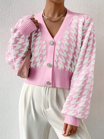 Frenchy Houndstooth Pattern Lantern Sleeve Cardigan